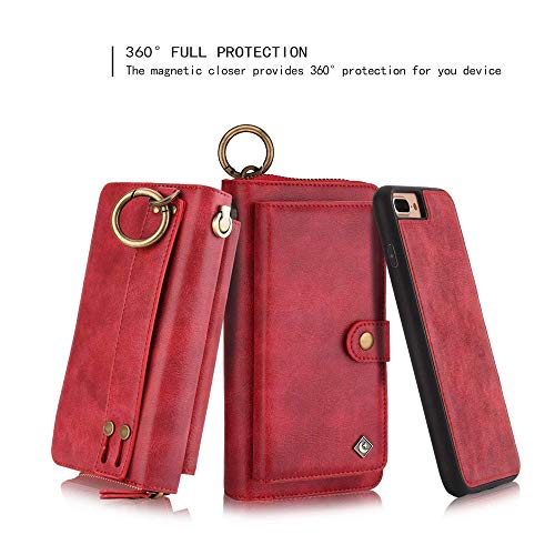 iPhone 7 Plus Wallet Case - JAZ Zipper Purse Detachable Magnetic14 Card Slots Card Slots Money Pocket Clutch Leather Wallet Case for iPhone 8 Plus/iPhone 7 Plus Red