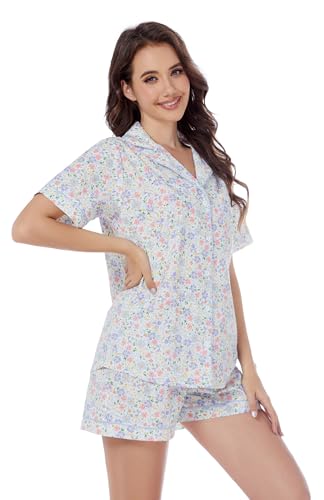Image of LUBOT 100% Cotton Pajamas for Women 2 Piece PJ Set Poplin Woven Lightweight Ladies Button Short Sleeve Sleepwear S-XXL