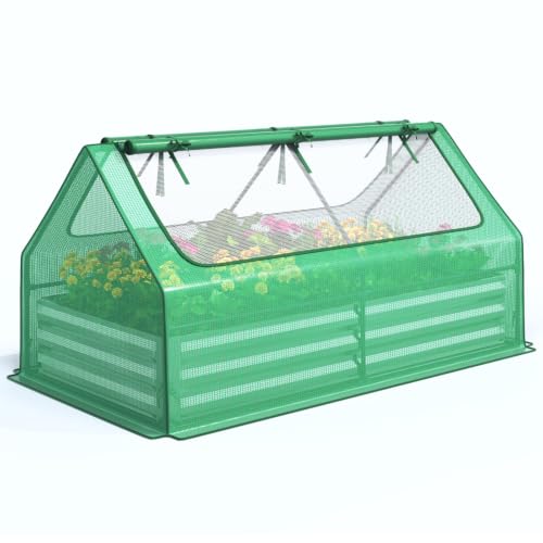 Image of Quictent 6x3x1ft Galvanized Raised Garden Bed with Cover Metal Planter Bottomless Box w / 2 Large Screen Windows Mini Greenhouse 20pcs T-Tags 1 Pair Gloves Outdoor Growing Vegetables (Green)