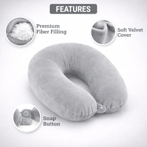 Image of Travel Neck Pillow | Soft & Supportive Fiber Filling | Washable Cover for Flight, Train & Car Travel | Comfortable U Shape Neck Support Pillow - Light Grey