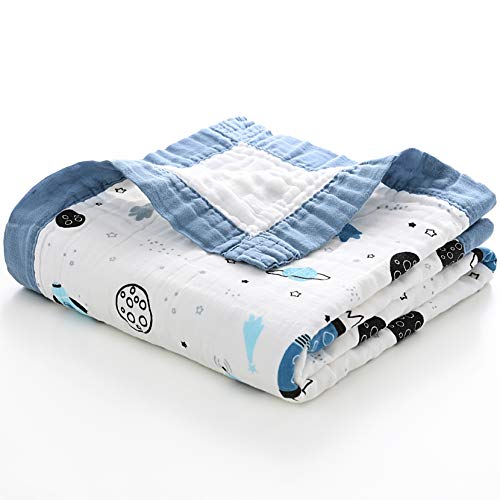 Image of Jay & Ava Soft Cotton Muslin Blanket, 42' x 42', 4 Layers, Toddler & Baby Crib Blanket - Blue Star Space
