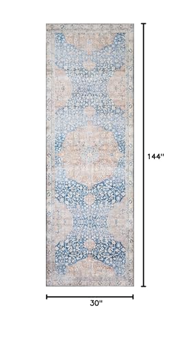 Loloi Layla Collection LAY-07 Blue/Tangerine 2'-6" x 12'-0" .13" Thick Runner Rug, Soft, Durable, Vintage Inspired, Distressed, Low Pile, Non-Shedding, Easy Clean, Printed, Living Room Rug