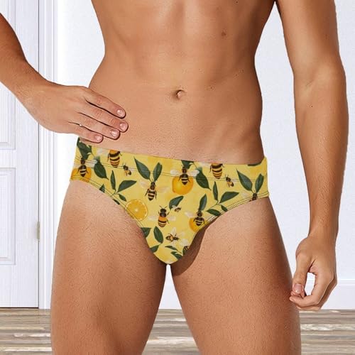 Yellow Lemon and Bee Printed Swim Briefs for Men Sexy Bikini Swimwear Elastic Beach Trunks Bathing Suit2