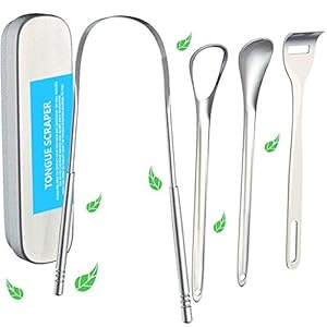 XSimFitnessx® Tongreiniger van roestvrij staal, set van 4 stuks, zilverkleurig, voor volwassenen, tegen mondgeur en…