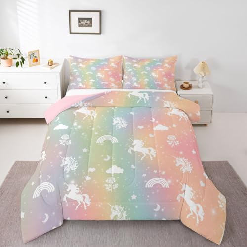 Image of Erosebridal Girls Unicorn King Bedding Set Rainbow Unicorn Comforter Set for Kids Child Ombre Stars Moon Comforter Fantasy Girls Room Decor Rose Flower Duvet Insert Cartoon Kawaii Bed Set