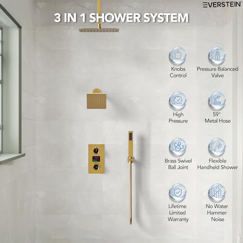 Ducha de lluvia de alta presión de 12" con pantalla de temperatura, sistema inteligente de doble cabezal de ducha con válvula (acabado dorado cepillado) miniatura 4