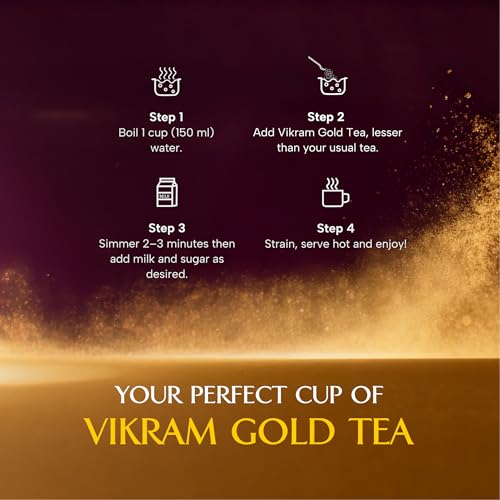 Image of VIKRAM Gold Premium CTC Tea | Blended With 5 Unique Types Of Leaves From Upper Assam And Enriched With Orthodox Tea Leaves | Rich & Aromatic Chai | Premium | 250g x Pack of 3
