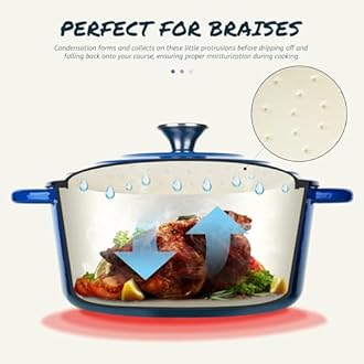 Overmont 26cm/5.2L Enamelled Cast Iron Round Casserole Dish with Lid,5.5QT, Cookbook -Non-Stick Dutch Oven for Braising, Stews, Roasting, Bread Baking