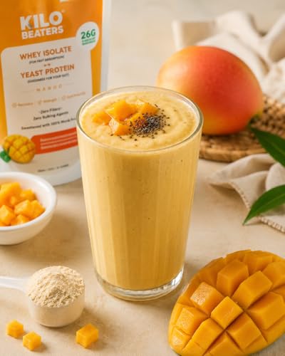 Image of KiloBeaters Whey Protein Isolate Powder with Yeast Protein Pack of 4 x 50g | Real Alphonso Mango | 26g Protein Per Scoop | High Protein Supplement for Muscle Recovery & Lean Muscle Support | Gut-Friendly | Zero Fillers | Monk Fruit Sweetened