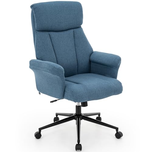 422 Linen Fabric Home Office Chair with Ergonomic Design,Stylish High Back Height Adjustable Chair with Swivel Wheels and Padded Armrests for Office,Study Room,Living Room,Makeup(Blue)