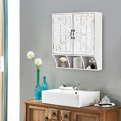 Farmhouse Wall Mounted Storage Cabinet, Medicine Cabinet With Magnetic Doors And 3 Storage Compartment, Wood Vintage Bathroom Wall Cabinet Over Toilet For Bathroom, Kitchen, Living Room, Rustic White #TOP5