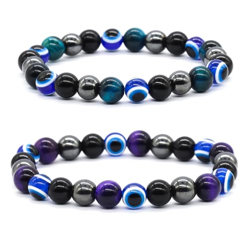 Image of Evil Eye Bracelet for Men Women - Triple Protection Bracelet - Tiger Eye and Black Obsidian Chakra Energy Healing Bracelet - 8mm Beads Good Luck Prosperity and Happiness Crystal Jewelry Stone