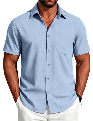 Image of COOFANDY Men's Button Down Shirts Short Sleeve Casual Shirts Summer Beach Linen Shirts with Pocket