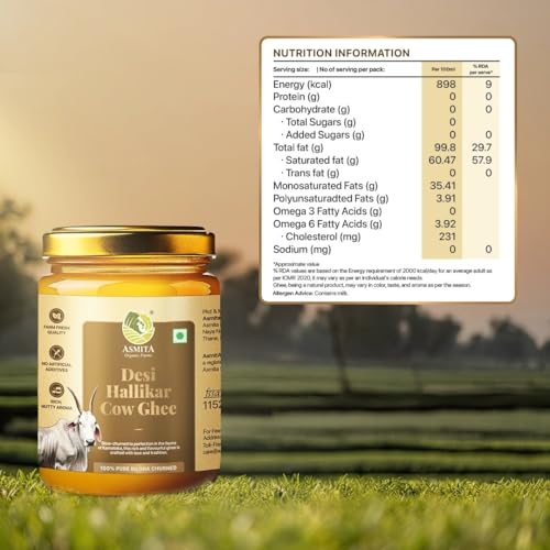 Image of Asmita Organic Farms Hallikar Cow A2 Ghee 500ml (Glass Jar) | Hand-Churned Traditonal Bilona Method | Grass-Fed & Pasture-Raised in Karnataka | Rich Aroma | Healthy & Natural Danedar Desi Ghee