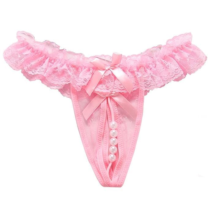 Girls Sexy and Hot Nylon Lace G-String Thong Panty with Pearl Detail, Pink, Ruffle Trim, Hipster Underwear-image-42