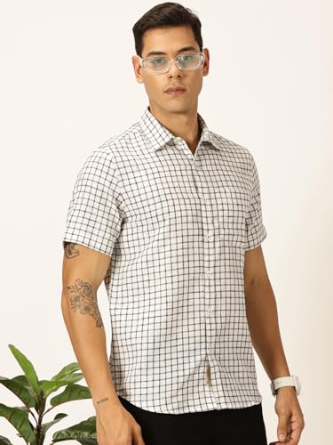 Image of Thomas Scott Men's | Checks | Half Sleeve | Slim Fit | Linen Blend | Spread Collar | Casual Shirt