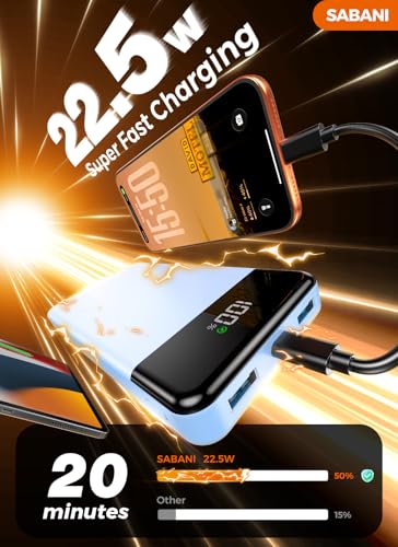Image of Portable Charger 35000mAh Power Bank - Powerbank with 4 Built in Cables, 22.5W Fast Charging Travel Camping Essential Battery Pack Compatible with iPhone 17 16 15 14 13 Samsung Google, 1 Pack, Azure