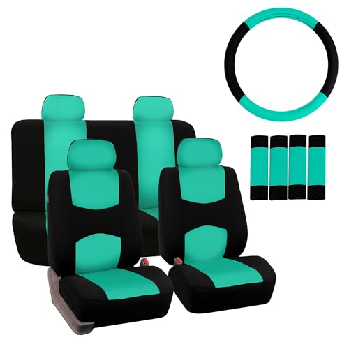 FH Group Stylish Full Set Car Set Covers Front Set and Rear Split Function, Airbag Compatible – Universal Fit for Cars Trucks & SUVs (Mint/Black)