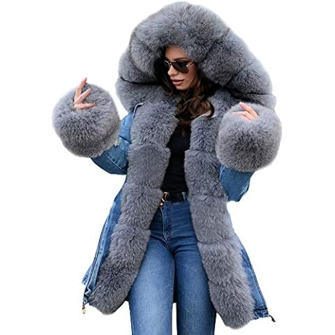 Roiii Women Winter Warm Thick Faux Fur Coat Hood Parka Long Jacket Size 8-20 (16-18, Denim Grey) Cover
