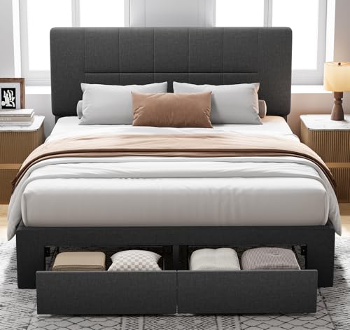 Pipishell Queen Bed Frame with 2 Storage Drawers, 12 Sturdy Legs, Solid Wooden Bed Base with Upholstered Headboard for 6″ to 12″ Mattresses, 1300 lbs High Weight Capacity, Easy Assembly, Dark Gray