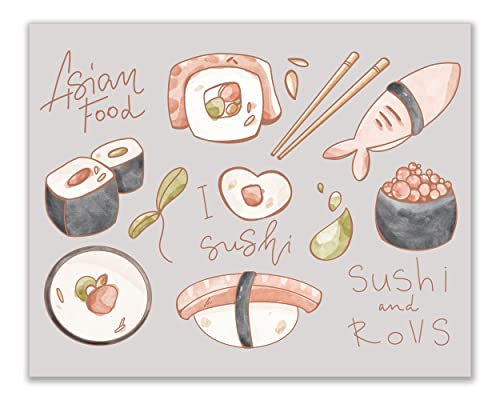 Crystal Canvas Japanese Snacks Prints - Set Of 4 (8X10 Inches) Glossy Traditional Culture Food Asian Sweets Kawaii Grey Wall Art Decor - Mochi - Ramen - Matcha Green Tea - Sushi Rolls #TOP4