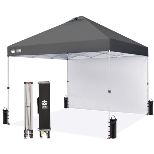 CROWN SHADES 10x10 Pop Up Canopy with 1 Side Wall - Beach Tent with One Push Setup - Outdoor Sun Shade for Events, Parties, Camping - Gazebo with STO-N-Go Cover Bag (Grid Grey)