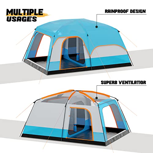Monibloom Large Tent 8 Person, 4 Large Mesh Windows Portable Family 1 Living Room And 2 Bedroom Waterproof Windproof Camping Tent, Double Layer Backpacking Tent For Hiking Outdoor, Easy Set Up, Blue #TOP3