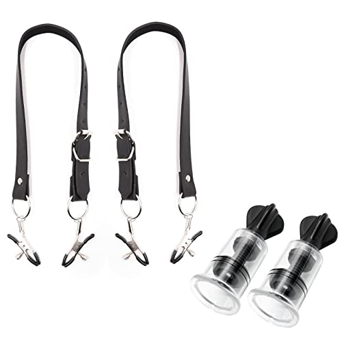 2 ventouses à tétons + 2 pinces à lèvres Spreader Sangle,Set de sextoys de stimulation des seins extra fort,Pompe à seins Pinces clitoridiennes Clip vaginal Réglable Clip à tétons Pour Femmes Hommes