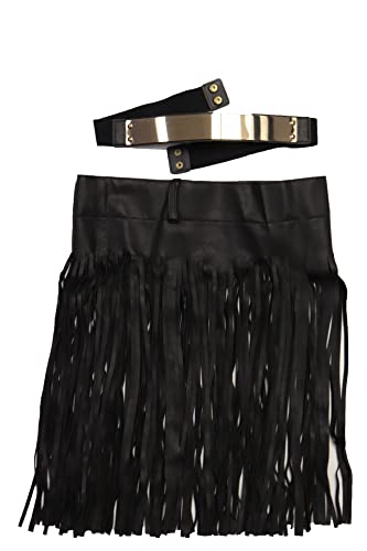 Women Black Skirt Fashion Belt - Wrap Around Long Faux Leather Waistband Gold Metal Plate S M4
