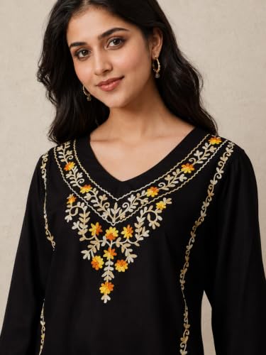 Image of QAZMI Women's Amina Kashmiri Embroidered V-Neck Short Kurti