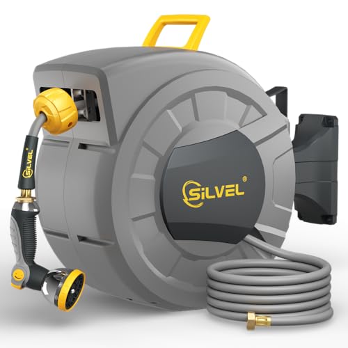 SILVEL 1/2 in x 110 FT Retractable Garden Hose Reel, UV Resistant Heavy Duty Automatic Hose Reel Wall Mount with 10 Pattern Nozzle, Any Length Lock & Slow Return System, 180°Swivel Bracket, Yellow