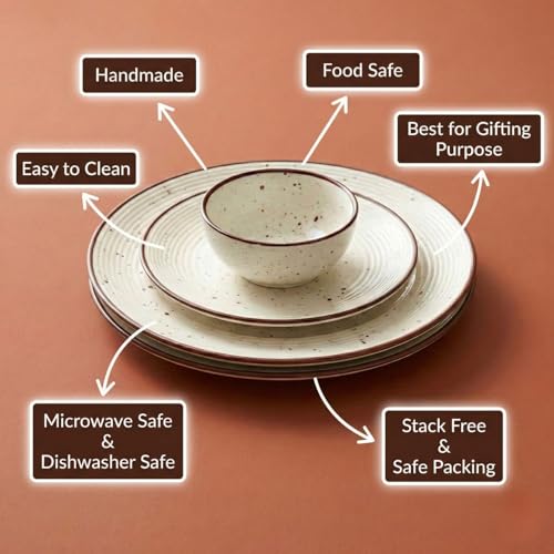 Image of Freakway Dinner Set, Ceramic Dinnerware with Brown Rim, Speckled Beige Design, 18 Pieces