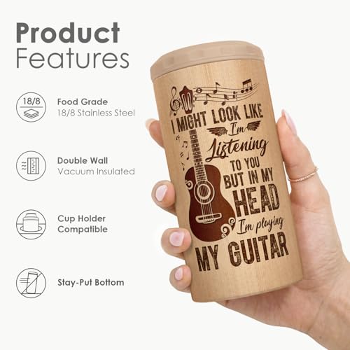 Image of Guitar Can Cooler 12oz - Travel Mug Cup - Stainless Steel Insulated for Men Women - Tumbler Cans Koozie, Beach Gift for Summer Vacation, Christmas, Birthday