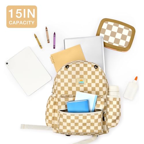 Image of STEAMEDBUN Corduroy Kids Backpack for Girls and Boys 5-8: Girls Backpack for Elementary Kindergarten - 15 inch Cute Backpacks for Kids - Checkered
