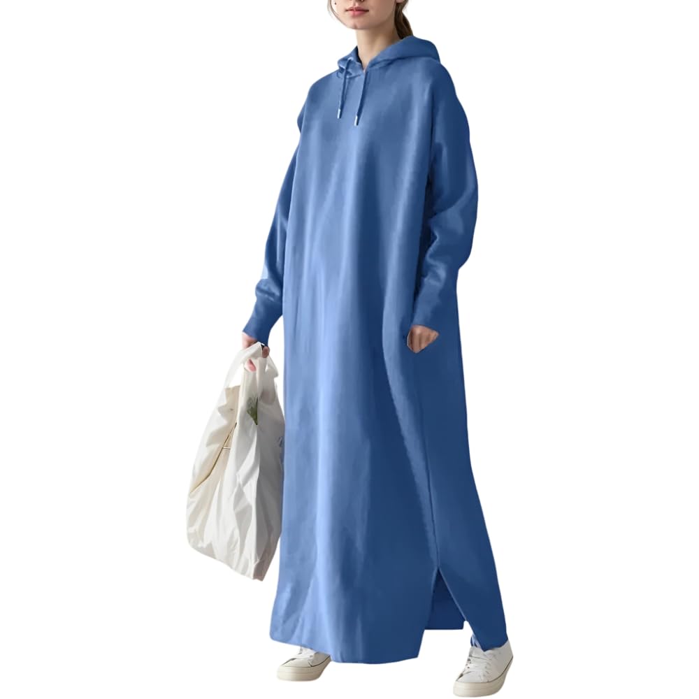 Nupucy Women's Oversized Long Sleeve Fleece Pullover Hoodie Casual Split Hem Warm Hooded Sweatshirt Maxi Dress with 2 Pockets