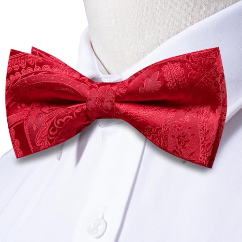 Image of Hi-Tie Bow Tie Men Pre Tied Bowtie Pocket Square Cufflinks Lapel Pin Formal Wedding Bow Ties for Men Party Tuxedo Bowtie Set,Red Paisley Floral