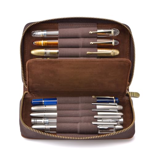 Image of Fountain Pen Leather Pen Case 10 Divided Slots, Rollerball Pen Holder Handmade Display Organizer Zippered Pouch