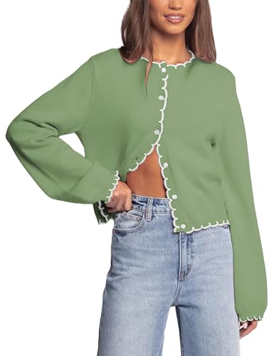 Women's Lightweight Button-Up Cardigan with Scallop Trim - Cozy 2025 Crewneck Long Sleeve Knit Sweater