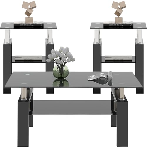 All Black Glass Coffee Table Set of 3 Piece, Living Room Table Set of 3 Pcs, Black Glass Coffee Table and End Table Sets, Metal Legs, Tempered Glass