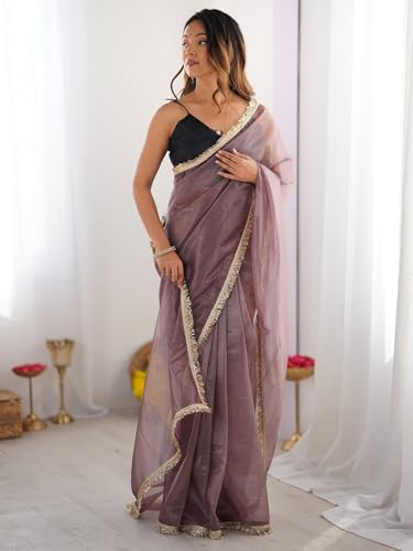 Image of AKHILAM Women's Shimmer Net Solid Saree With Unstitched Blouse Piece
