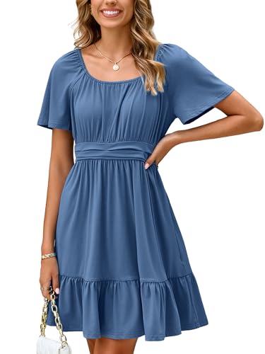 Image of Simplee Womens Summer Dresses 2026 Mini Square Neck Casual Short Sleeve Shirred Flowy A-Line Dress with Pockets