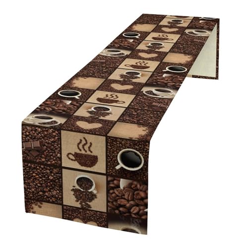 Coffee Print Table Runner Non-Slip Rectangle Modern Art Coffee Cup Coffee Bean Abstract Heart Print for Dining Room Kitchen Living Room Party 13x36 Inch