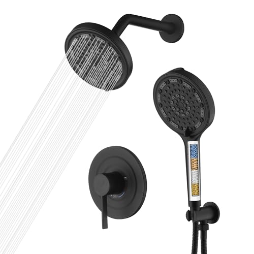 Sistema de Ducha SUMERAIN en Negro Mate con Válvula de instalación | Cabezal de mano filtrado de 6 sprays, Montaje en pared, Válvula de ducha 2 en 1, Manija única, Instalación fácil miniatura 1