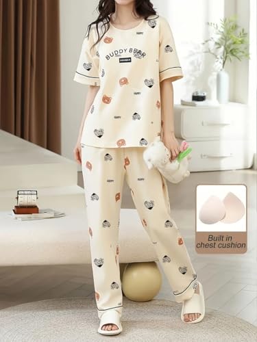 Image of Louis Luxe Womens Korean Night Dress || Full Pyjama Set || Korean Nightsuit || Women Nightwear ||Round Neck Full Sleeve Nightsuit || Loungewear || Everyday Nightdress