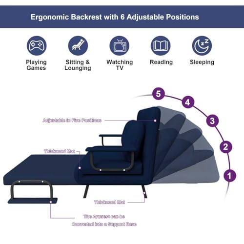 Image of Montary 5-in-1 Folding Sofa Bed for Two 71.6 inch Wide Convertible Chair with 5-Position Adjustable Backrest Pillow, Space-Saving Sleeper for Living Room Bedroom Office,Blue