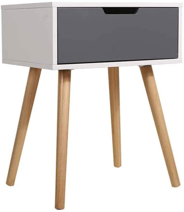 Image of Storage Nightstand Mid-Century Modern Bedside Table with Solid Wood Legs Minimalist and Practical End Side Table- 1 Drawer -Grey White