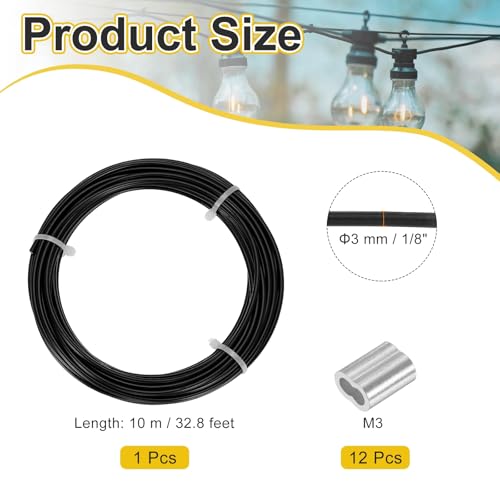 Cable de acero inoxidable 1/8 PATIKIL recubierto de vinilo negro con terminales M3 2