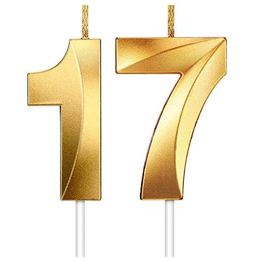 Hicarer 2 Piezas Velas de Número Velas Doradas Brillantes Velas de Tartas de Cumpleaños Toppers de Pastel Decorativo para Boda Cumpleaños Aniversariio Celebración Graduación (Número 17)