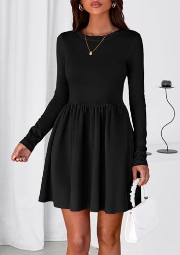 PRETTYGARDEN Women's Long Sleeve Mini Dresses 2025 Fall Casual Crewneck Pleated A Line Party Cocktail Short Dress with Pocket2
