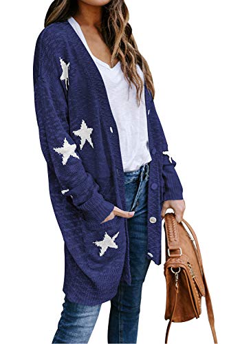 Women's Star Print Button Down Knit Open Front Cardigan Sweaters with Pockets2